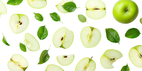 Green apple with green leaf and half slice flying in the air isolated on white background.
