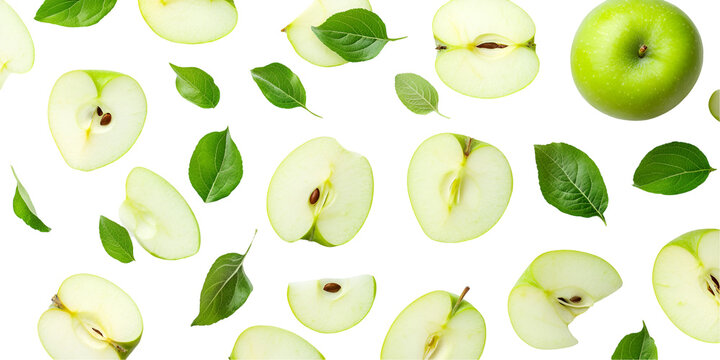 Green apple with green leaf and half slice flying in the air isolated on white background.