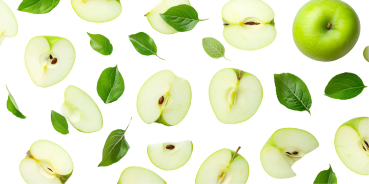 Green apple with green leaf and half slice flying in the air isolated on white background.