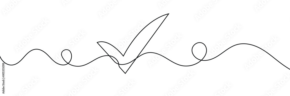 Poster continuous line drawing of check mark. tick one line icon. one line drawing background. vector illus