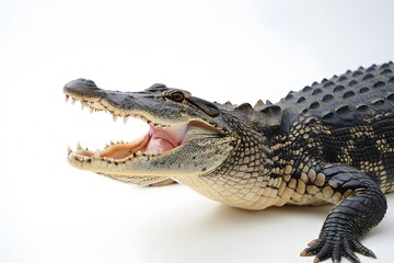 Fototapeta premium An imposing close-up of an alligator, its jaws agape, revealing a glimpse of its formidable teeth and powerful physique, offering a sense of untamed wildlife.