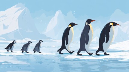 Obraz premium Emperor penguins proceed across icy terrain in a row.