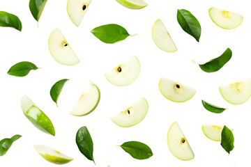 Green apple with green leaf and half slice flying in the air isolated on white background.