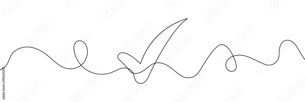 Poster continuous line drawing of check mark. tick one line icon. one line drawing background. vector illus