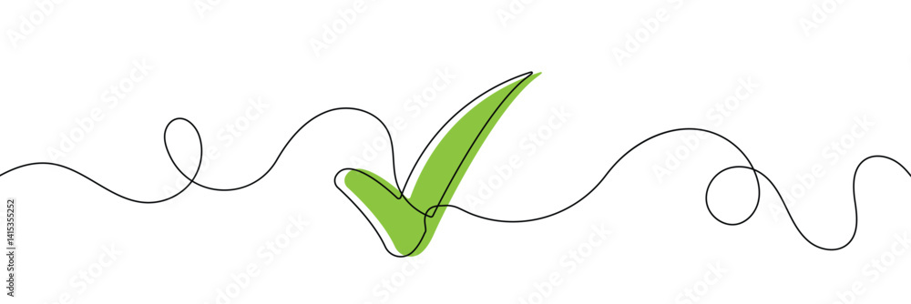 Poster continuous line drawing of check mark. tick one line icon. one line drawing background. vector illus