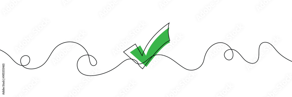 Poster continuous line drawing of check mark. tick one line icon. one line drawing background. vector illus
