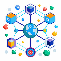 Decentralized Network Illustration With Earth,Cubes,Spheres,And Security Shield Connecting Worldwide