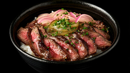 High-detail bowl of gyudon with pickled ginger