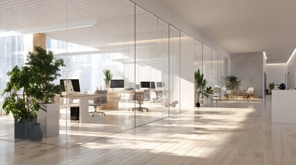 Modern Office Interior with Glass Walls, Wooden Floors, and Green Plants, Bright and Spacious Workspace