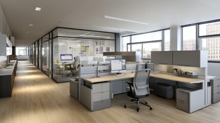 Modern Office Interior with Cubicles and Glass Walled Rooms, Open Workspace, Clean and Bright