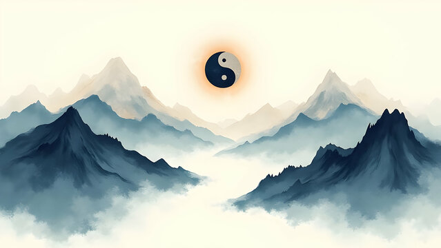 A mountain range with a yin and yang symbol in the center