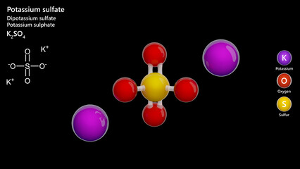 Potassium Sulfate molecule. Fertilizer. Molecular structure. Formula: K2SO4. Chemical model: Ball and stick. Black background. 3D illustration.