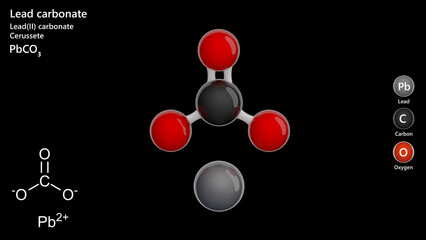 Molecule: Lead Carbonate. Molecular structure. Formula: PbCO3. Chemical model: Ball and stick. White background. 3D illustration.