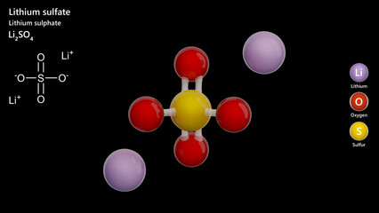 Lithium Sulfate molecule. Molecular structure. Formula: Li2SO4. Chemical model: Ball and stick. Black background. 3D illustration.