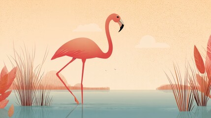 Obraz premium Pink flamingo wading in a tranquil wetland habitat.