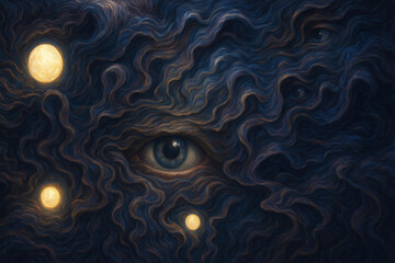 Abstract art background , The Eyes staring and the black storm is background , dark mood.