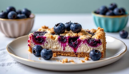 Delectable blueberry slice with crumb topping, sitting on a gold trimmed plate