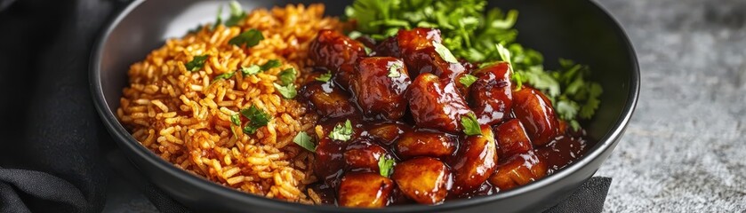 African fusion dish with plantains, jollof rice and hibiscus glaze, traditional meets modern, bold color styling