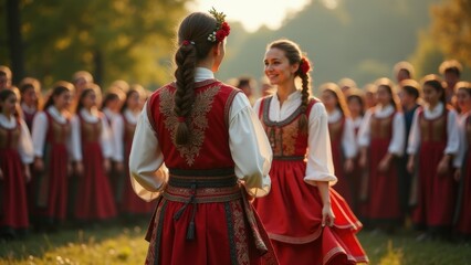 Traditional Slavic cultural festival with vibrant costumes, folk dance, music, and outdoor celebration. Perfect for tourism, cultural heritage, and event promotion.