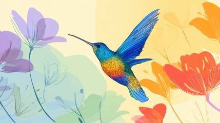 Obraz premium Vibrant hummingbird surrounded by colorful blossoms.