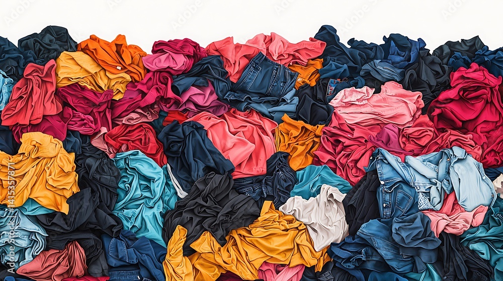 Poster a colorful pile of crumpled clothing, featuring various fabrics and hues, creating a vibrant and cha