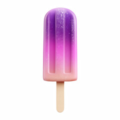 Gradient purple and pink popsicle with frosty surface on wooden stick, vibrant frozen dessert isolated on transparent background.