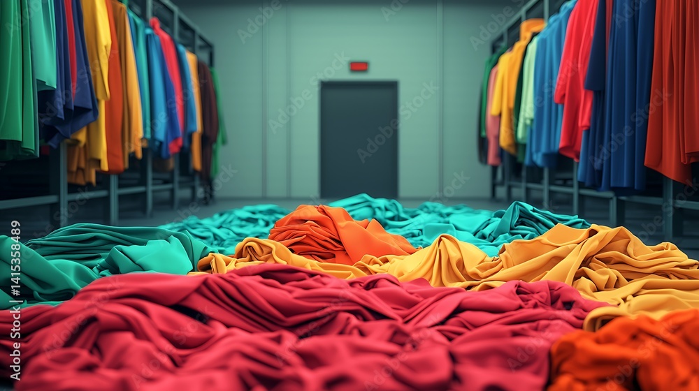 Poster a vibrant collection of colorful fabrics spreads across the floor of a storage space, surrounded by 