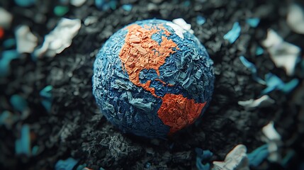 A textured globe of Earth surrounded by colorful debris, highlighting themes of pollution and environmental concern.