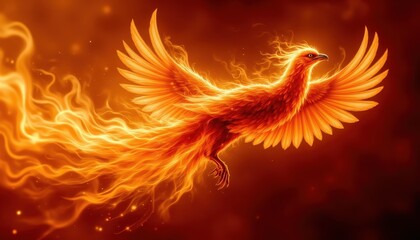 Obraz premium A fiery bird with plumage aflame soaring through a glowing, dark, orange background