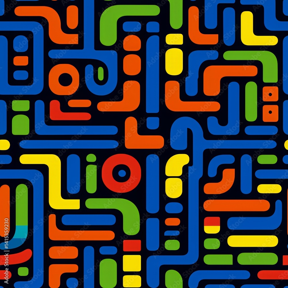 Poster colorful abstract geometric pattern with interlocking shapes on black background. seamless retro des