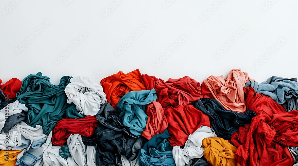 Poster a vibrant pile of crumpled clothes in various colors, creating a chaotic yet colorful visual texture