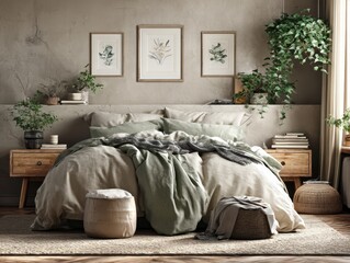 Serene bedroom with a muted green bed, botanical prints, and abundant houseplants creating a calming, natural aesthetic