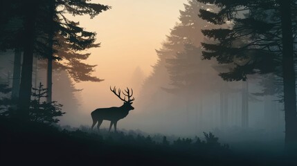 Silhouetted deer stands in a misty forest at sunrise.
