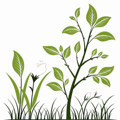 Vector Illustration Of Tree Growing With Green Leaves And Butterfly Design