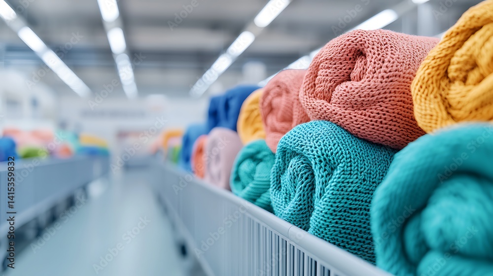 Poster a vibrant display of rolled blankets in various colors stacked neatly on shelves in a store, showcas
