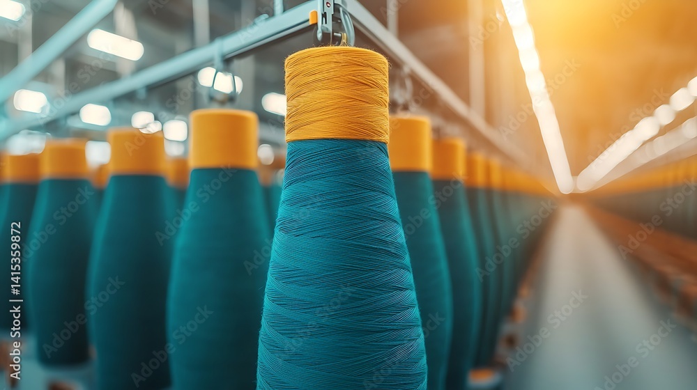 Poster a close-up view of colorful spools of thread arranged in a factory setting, showcasing vibrant hues 