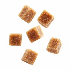 Floating brown cane sugar cubes with rough crystalline texture, suspended in mid-air, isolated on transparent background.