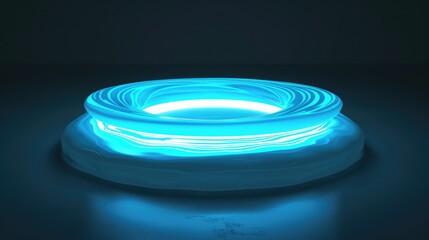 Abstract glowing blue circular design with swirling light effects on a dark background, creating a futuristic atmosphere