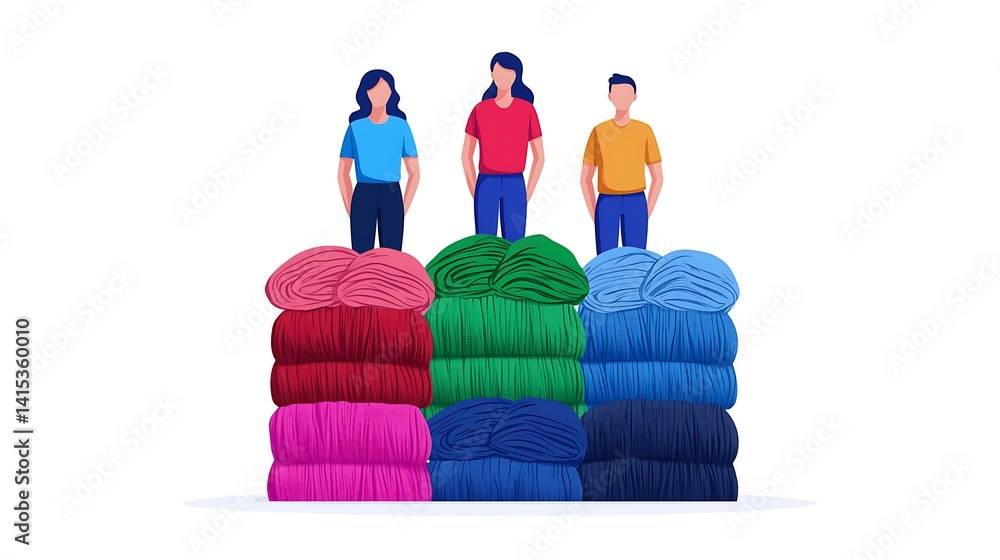 Poster three individuals stand atop colorful yarn stacks, showcasing a vibrant array of textiles in a creat