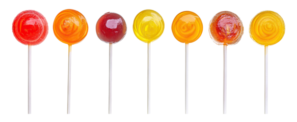 Set of colorful lollipops on sticks, isolated on transparent cutout background