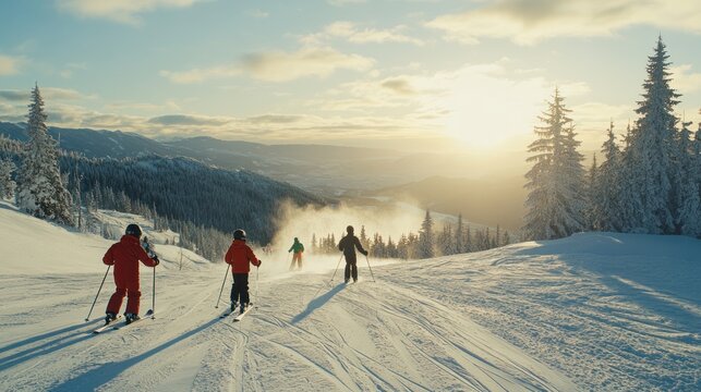Skiers Enjoying Sunset on Snowy Mountain Trail