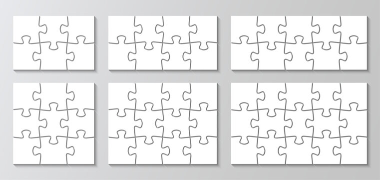 Jigsaw infographics collection. 6 puzzles set with different sizes. Puzzle grid business chain infographic. Process diagram presentation. Business info graphic with steps, parts. Vector illustration