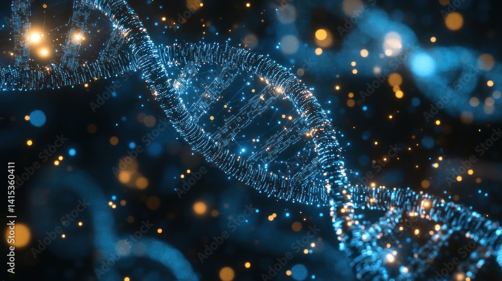 Poster glowing dna helix with sparkling particles in space