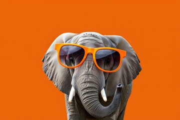 A playful elephant with a cool and confident air, sporting oversized orange sunglasses against a vibrant orange backdrop, creating a whimsical and humorous image.