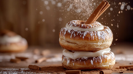 Cinnamon rolls, stacked pastries, white icing, floating cinnamon sticks, brown background