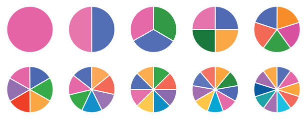 Pie chart set, segmented circle icons, color infographic flower round diagram, pie chart divided equal parts, infographic wheel segment and fraction, percentage wheel, circle with sections or parts.