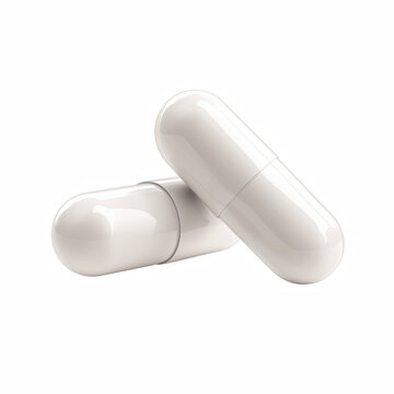 Two white pharmaceutical capsules with smooth glossy surface, clean medical supplement concept isolated on transparent background.