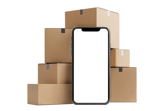 Blank smartphone surrounded by cardboard boxes, isolated on transparent cutout background