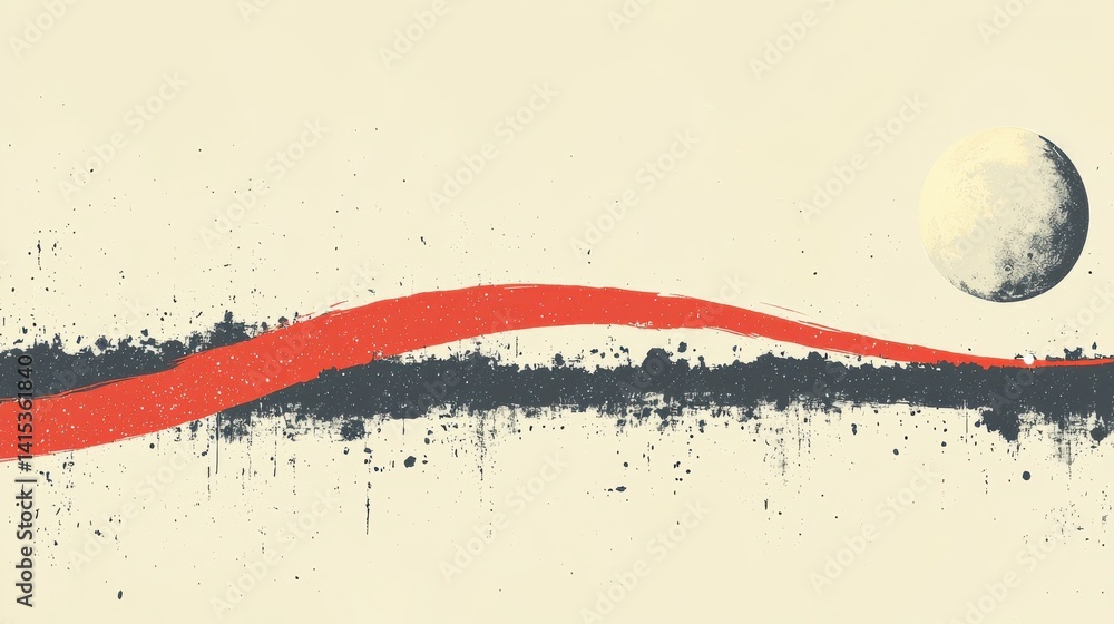 Poster abstract artwork featuring a bold red line across a textured dark layer and a moon in the sky.