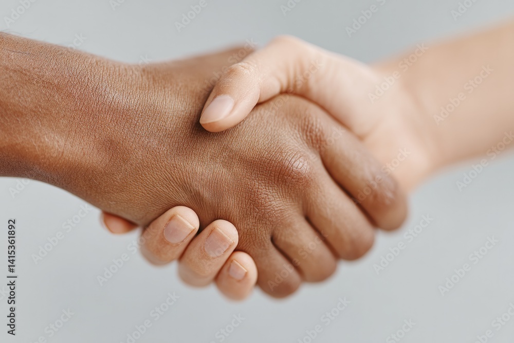 Poster two people shaking hands against plain background symbolizing reconciliation and with plenty of copy